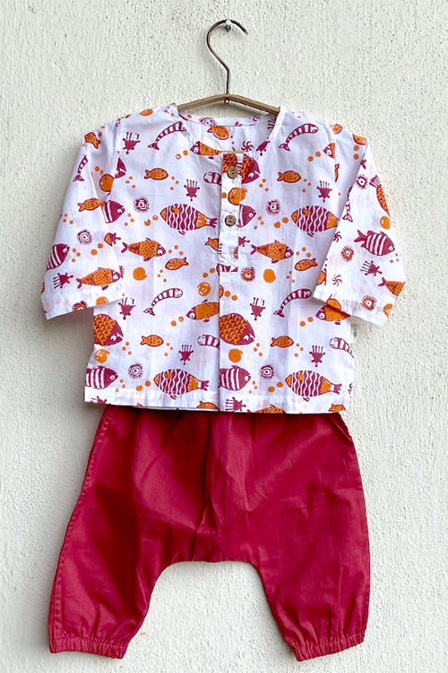 Whitewater Kids Unisex Organic Koi Red Kurta Top With Red Pants