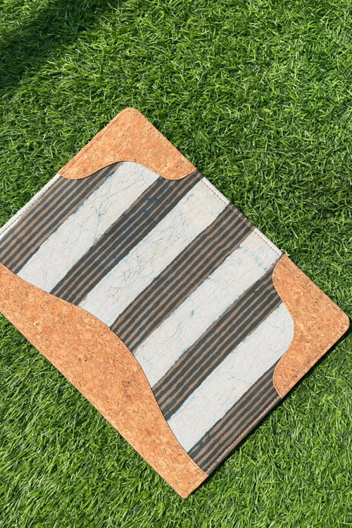 'Kirgiti's' Light Brown Vegan Leather and Dabu Print Canvas Multi Stripes Utility Folder