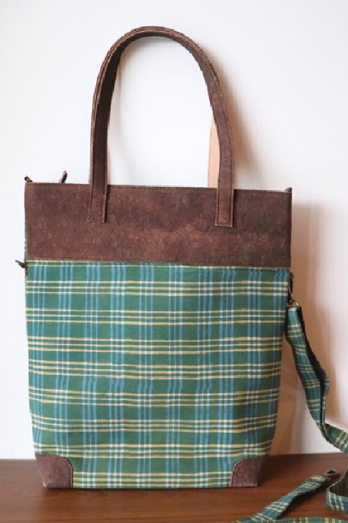 'Kirgiti's Green Checkered Dabu Print And Cork Tote Cum Sling Bag