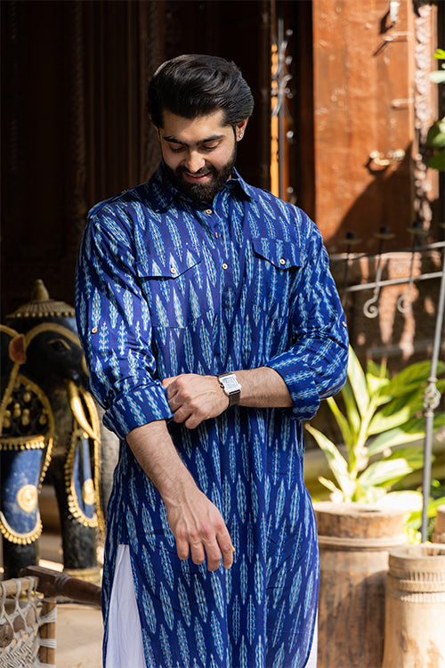  Blue Ikkat Weave Pathani Cotton Kurta For Men Online