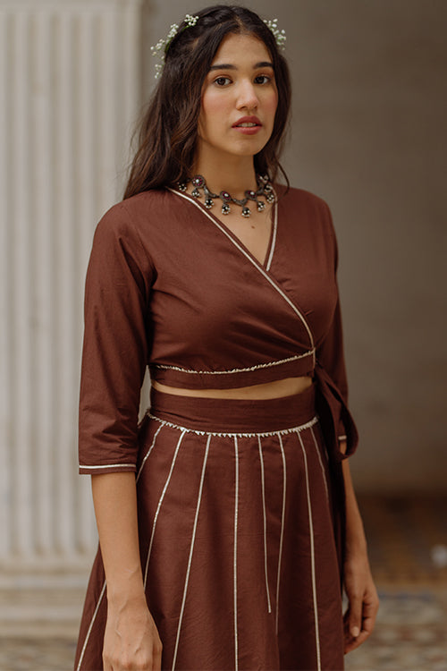 Okhai 'Cocoa Amour' Gota Patti Wrap Top With Skirt