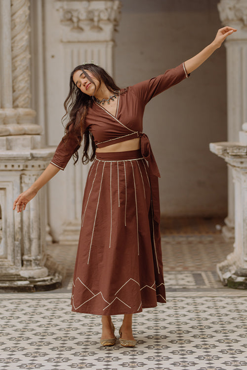 Okhai 'Cocoa Amour' Gota Patti Wrap Top With Skirt
