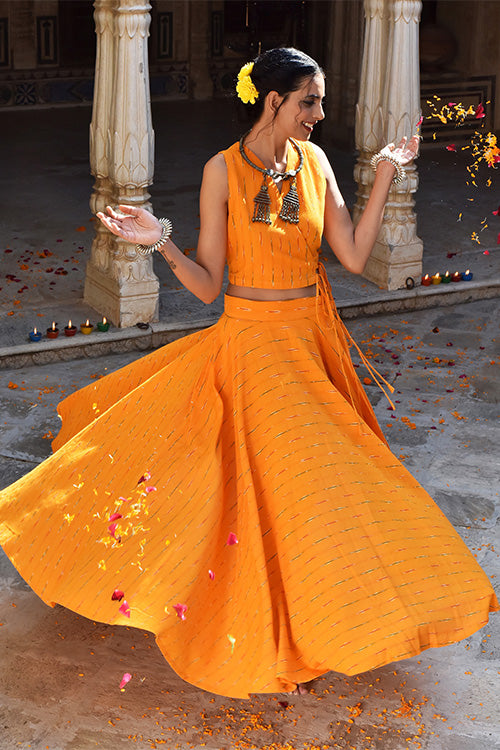Katyayani Pure Cotton Ikkat Wrap Top & Skirt Set Online