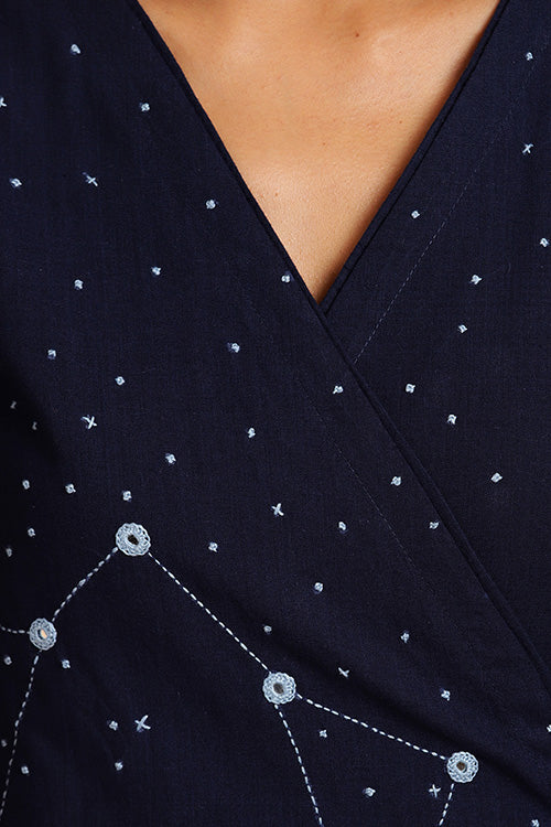 Okhai 'Constellations' Embroidered Indigo Cotton Wrap Dress