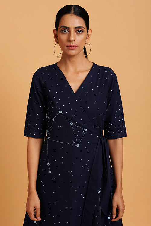 Okhai 'Constellations' Embroidered Indigo Cotton Wrap Dress