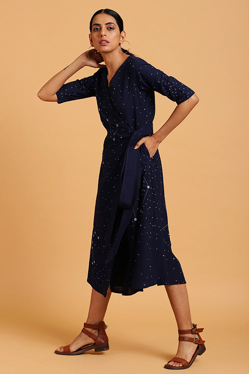 Okhai 'Constellations' Embroidered Indigo Cotton Wrap Dress