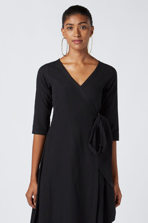 Okhai Amara Cotton Handloom Black Wrap Dress For Women Online