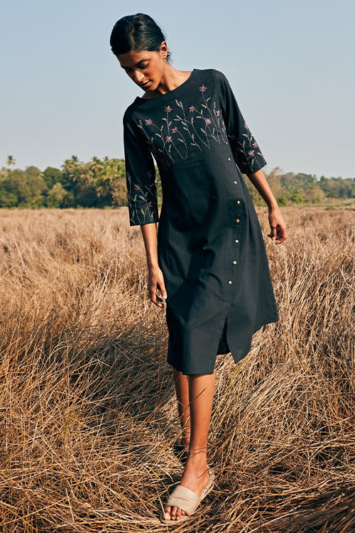 Okhai Purpose Pure Cotton Mirror Work Black Embroidered Dress Online