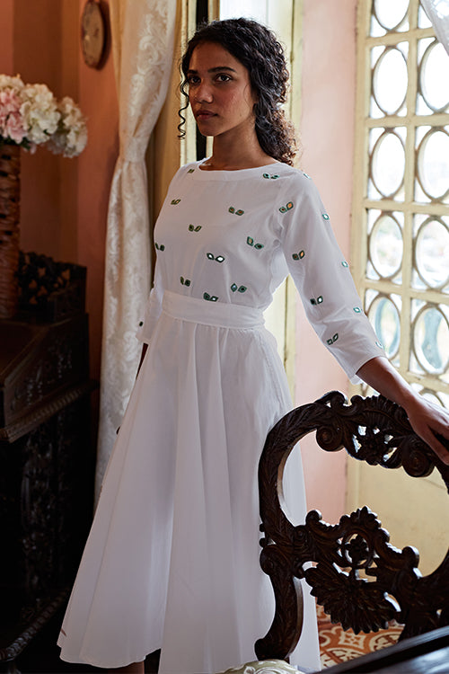 Fire Fly Mirror Work Pure White Cotton Dress For Women Online
