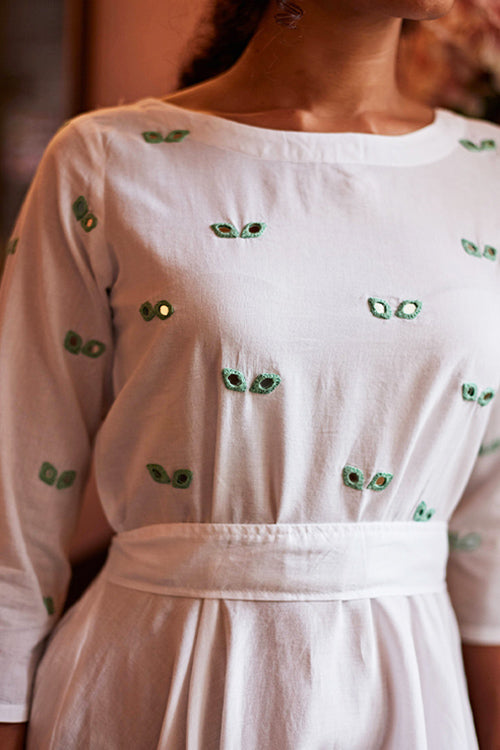 Fire Fly Mirror Work Pure White Cotton Dress For Women Online