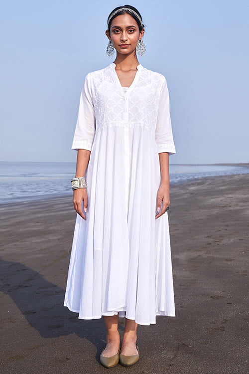 Seher White Hand Embroidered Pure Cotton Chikankari Dress For Women Online