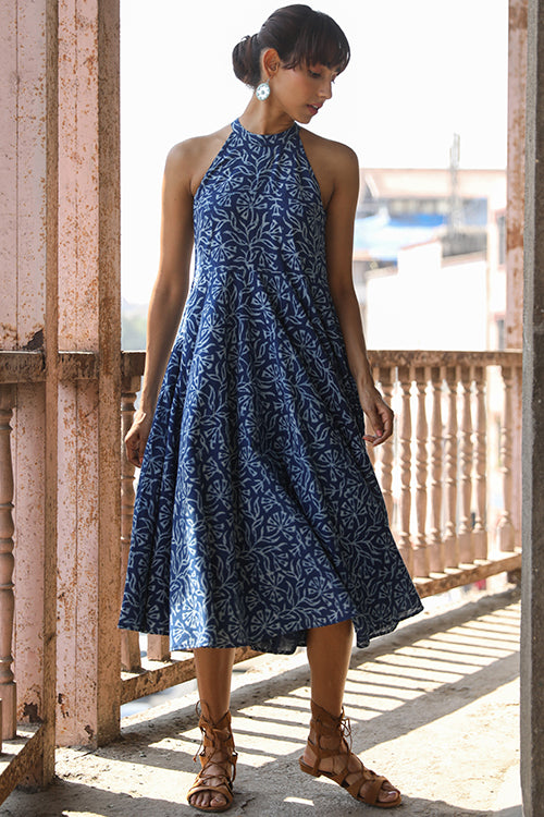 Okhai Indigo Harvest Pure Cotton Indigo Halter Neck Dress Online