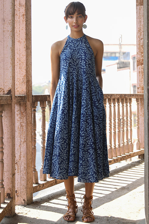 Okhai 'Indigo Harvest' Pure Cotton Indigo Halter-Neck Dress