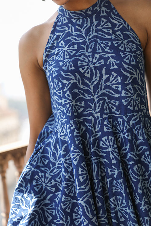 Okhai 'Indigo Harvest' Pure Cotton Indigo Halter-Neck Dress