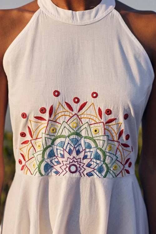 Panorama Hand Embroidered Mirror Work White Pure Cotton Dress Online