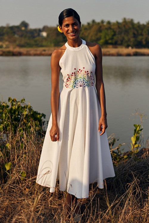 Okhai 'Panorama' Hand Embroidered Mirror Work Pure Cotton Dress