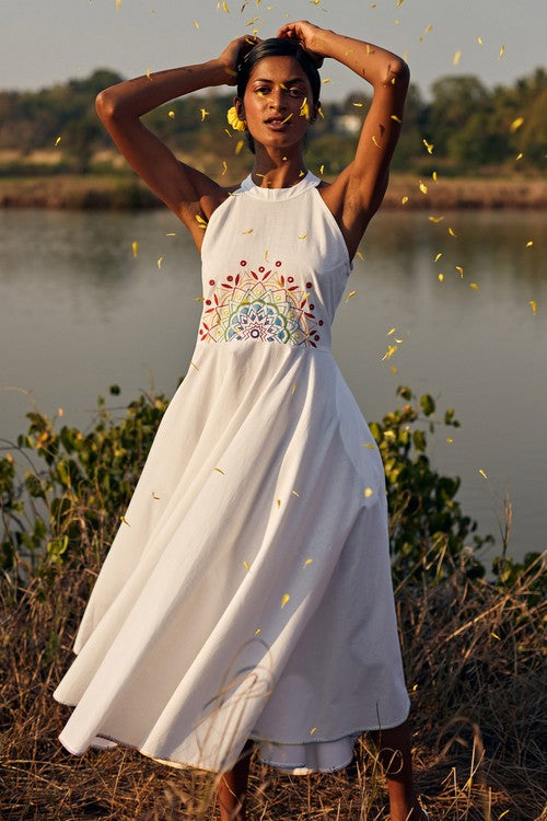 Okhai 'Panorama' Hand Embroidered Mirror Work Pure Cotton Dress