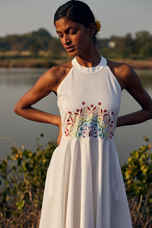 Okhai 'Panorama' Hand Embroidered Mirror Work Pure Cotton Dress