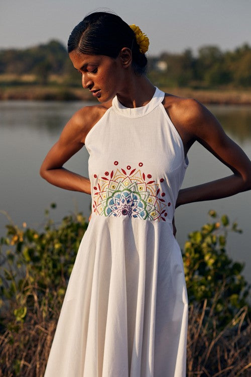 Okhai 'Panorama' Hand Embroidered Mirror Work Pure Cotton Dress