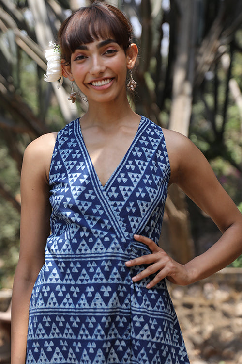 Okhai Mountain Snow Pure Cotton Indigo Sleeveless Wrap Dress Online