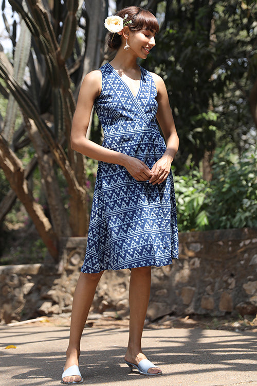 Okhai 'Mountain Snow' Pure Cotton Indigo Sleeveless Wrap dress