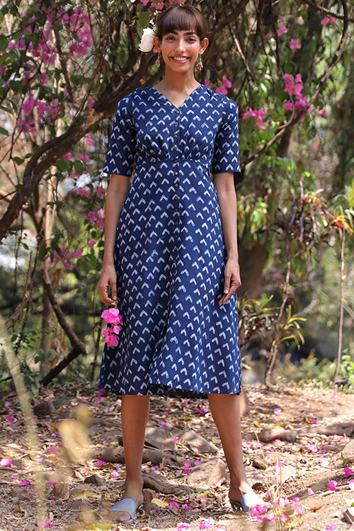Okhai Butterfly Bush Pure Cotton Hand Block Printed Indigo Dress Online