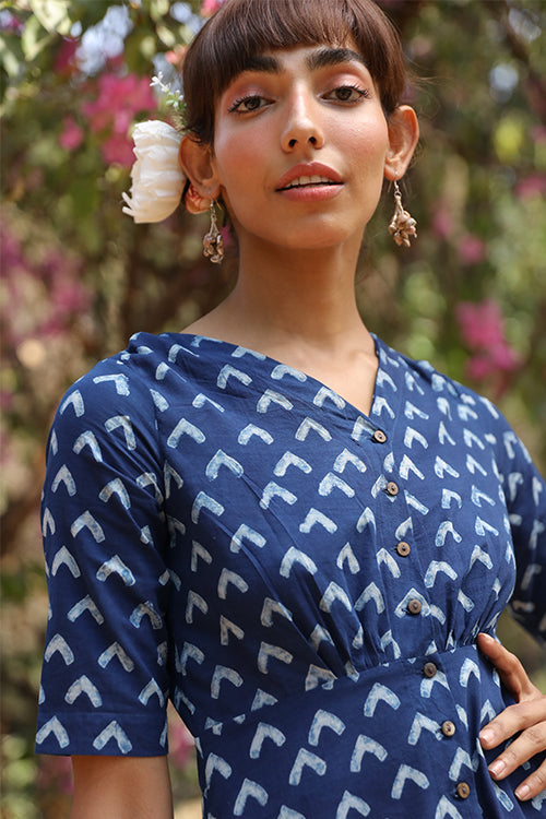 Okhai Butterfly Bush Pure Cotton Hand Block Printed Indigo Dress Online