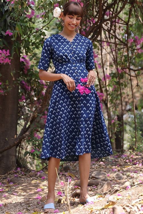 Okhai 'Butterfly Bush' Pure Cotton Hand Block Printed Indigo Dress