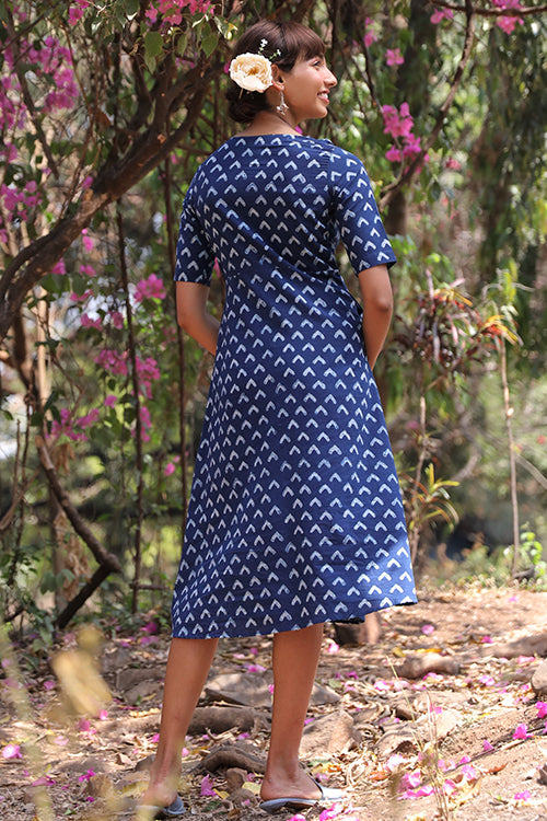 Okhai 'Butterfly Bush' Pure Cotton Hand Block Printed Indigo Dress