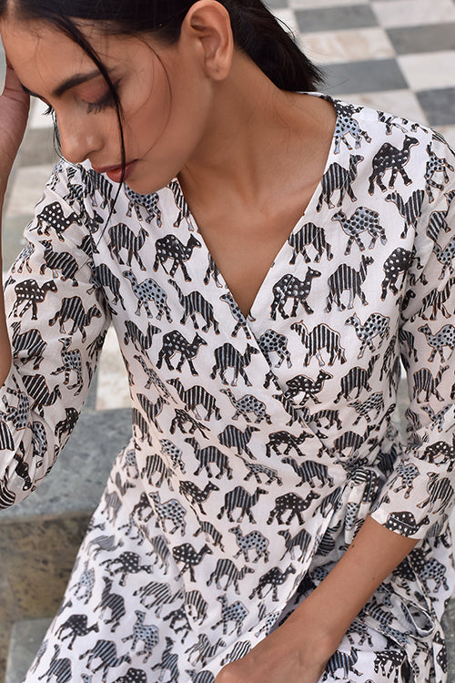 Okhai 'Majesty' Pure Cotton Camel Print Wrap Dress