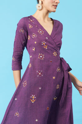 Bedazzle Kutch Embroidered Cotton Purple Wrap Dress For Women Online
