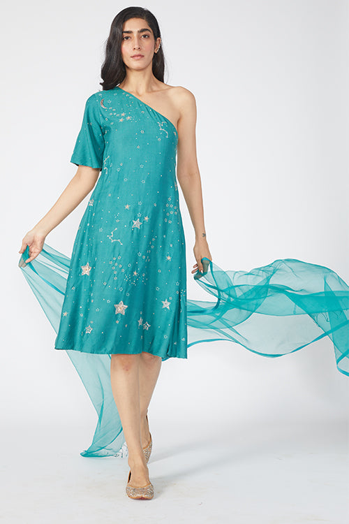 Stellar Embroidered Light Blue One Shoulder Dress With Dupatta Online