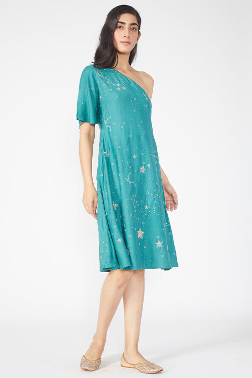 Okhai 'Stellar' Embroidered One Shoulder Dress With Dupatta