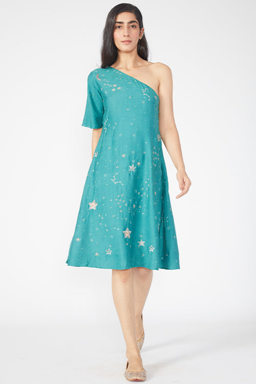 Okhai 'Stellar' Embroidered One Shoulder Dress With Dupatta