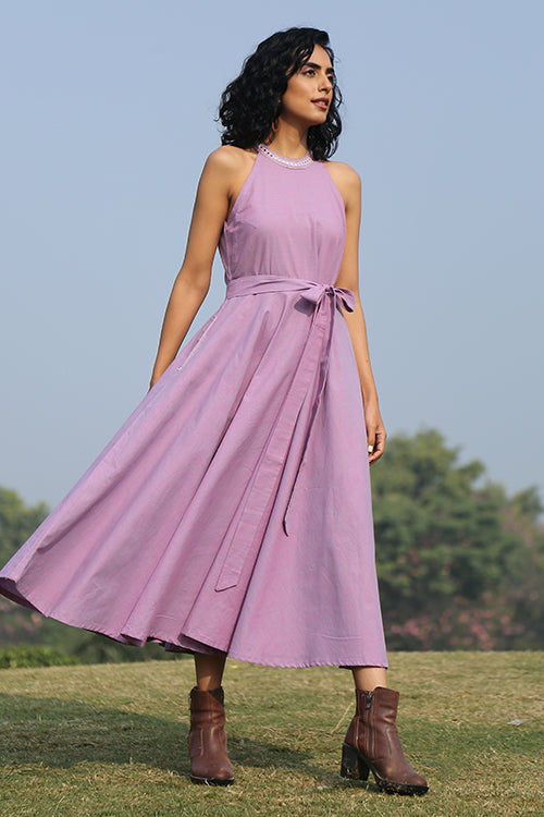 Okhai 'Lavender Pearl' Mirror Work Halter Neck Dress