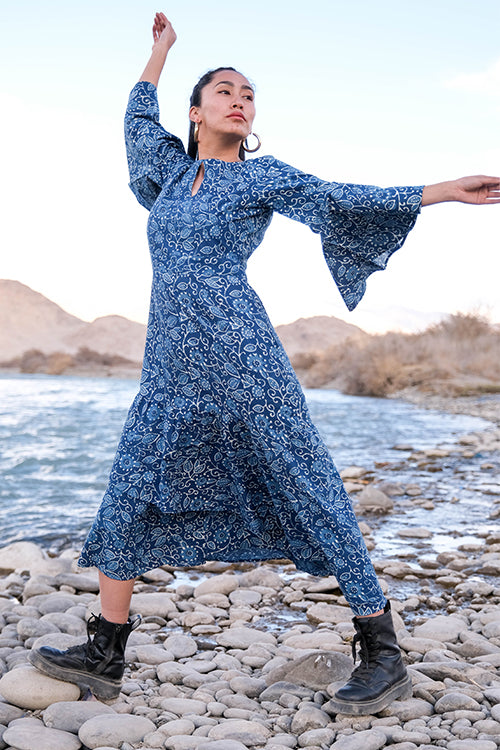 Okhai 'Indigo Soul' Hand Block Printed Cotton Dress