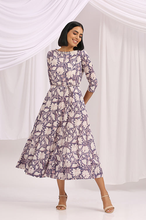 Afterglow Hand Block Printed Cotton Round Neck Dress For Women Online