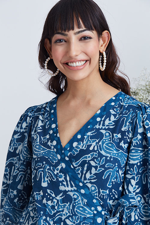 Okhai Blue Whale Tie-Dye Pure Cotton V Neck Dress For Women Online