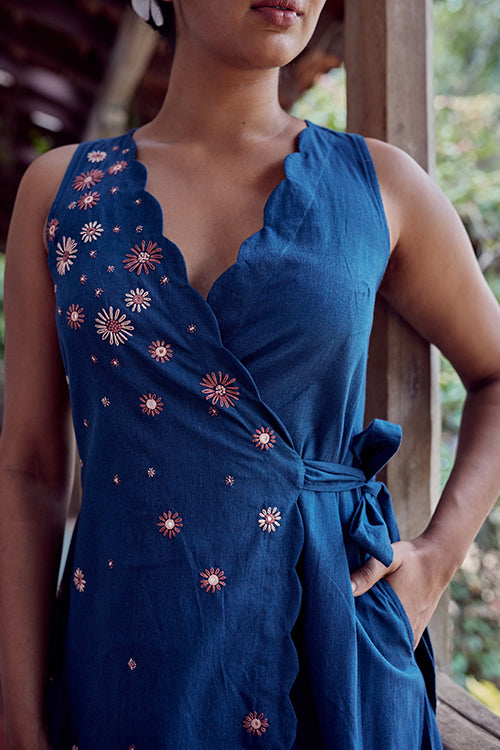 Okhai 'Sapphire Pearl' Hand Embroidered Mirror Work Wrap Dress