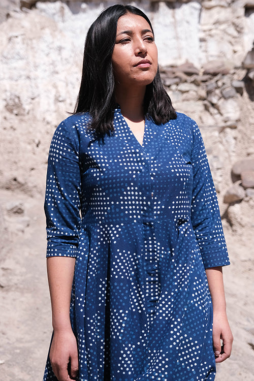 Okhai Indigo Slosh Hand Block Printed Pure Cotton Dress For Women Online