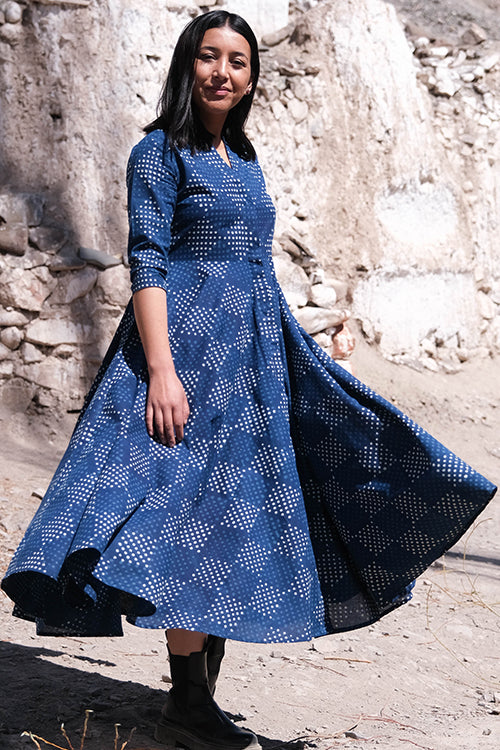 Okhai " Indigo Slosh " Hand Block Printed Pure Cotton Dress