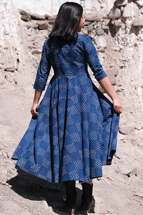 Okhai " Indigo Slosh " Hand Block Printed Pure Cotton Dress