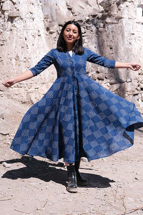 Okhai " Indigo Slosh " Hand Block Printed Pure Cotton Dress