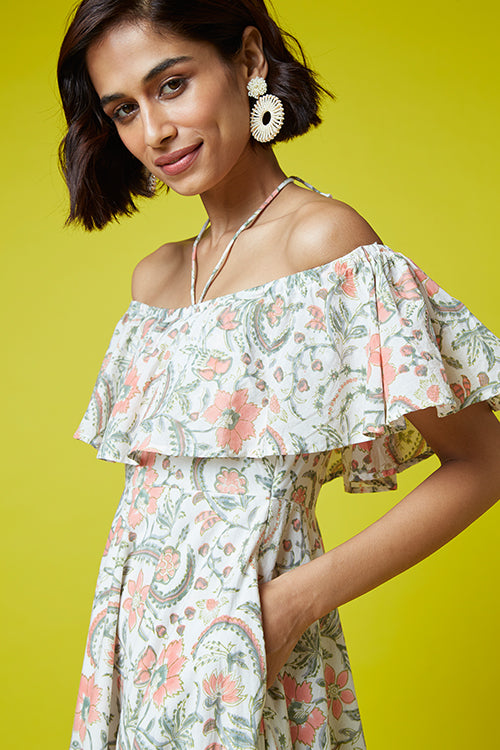 Heartstring Hand Block Printed Cotton Off Shoulder Dress For Women Online.