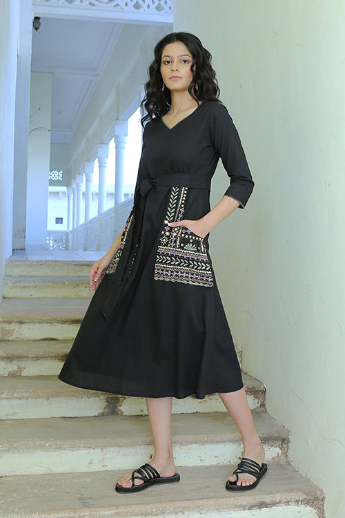 Enchanted Black Pure Cotton Mirror Work Hand Embroidered Dress Online