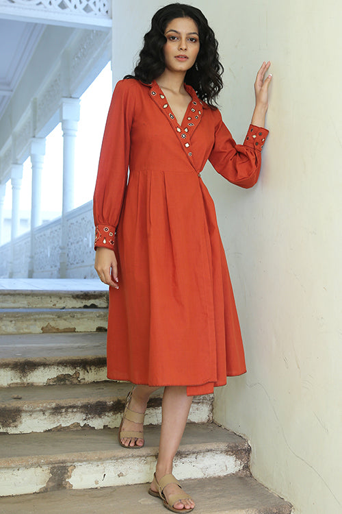 Soft Breeze Pure Cotton Mirror Work Hand Embroidered Rust Dress Online