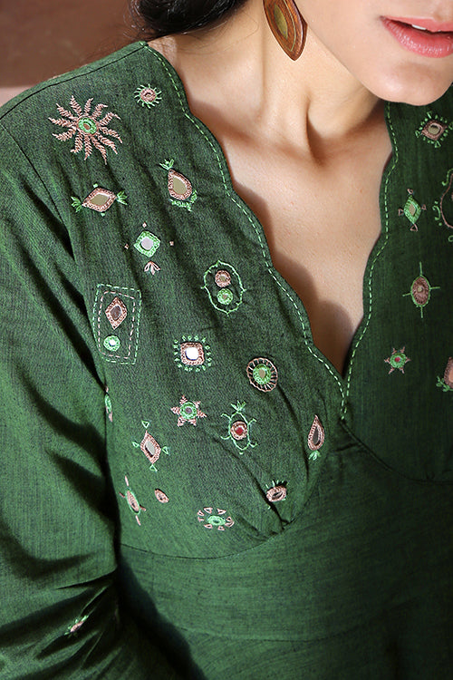 Okhai 'Sage' Pure Cotton Hand Embroidered Mirror Work Dress