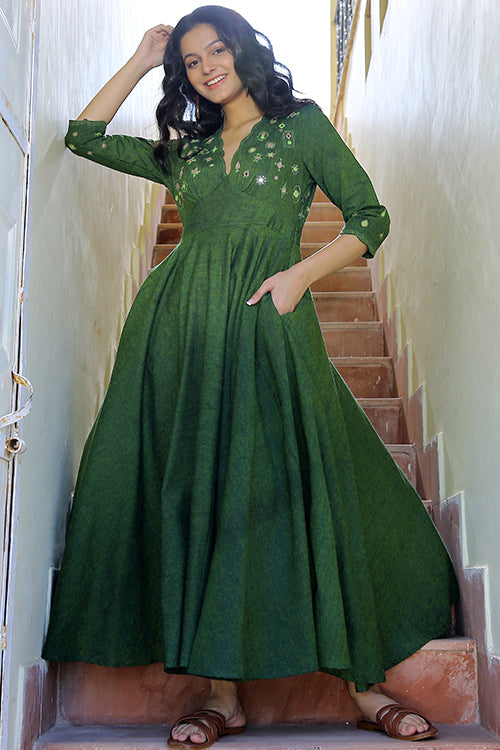 Okhai 'Sage' Pure Cotton Hand Embroidered Mirror Work Dress