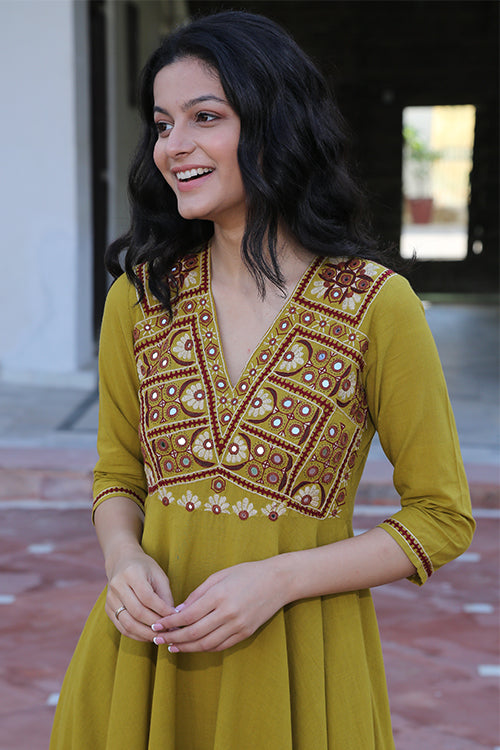 Okhai 'Apricity' Pure Cotton Hand Embroidered Mirror Work Dress – Okhaistore
