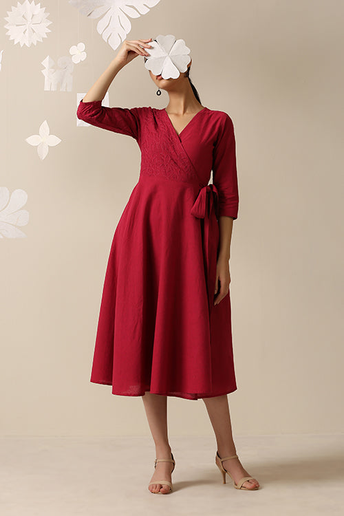 Okhai 'Cherry-Ful' Pure Cotton Applique Work Hand Embroidered Wrap Dress